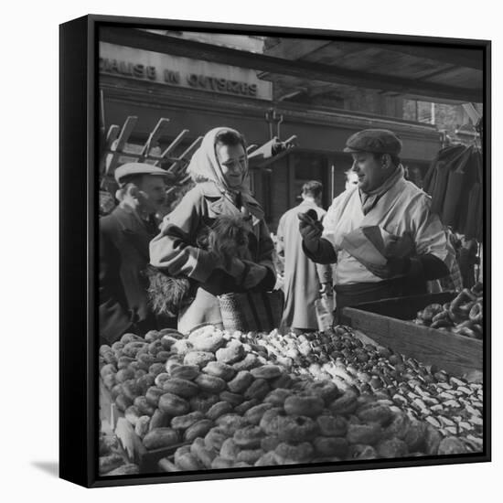 Woman with a Small Terrier Buying Bagels at a Market Stall, Possibly London, C.1945-50-null-Framed Stretched Canvas