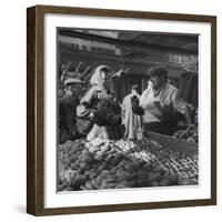 Woman with a Small Terrier Buying Bagels at a Market Stall, Possibly London, C.1945-50-null-Framed Giclee Print