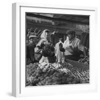 Woman with a Small Terrier Buying Bagels at a Market Stall, Possibly London, C.1945-50-null-Framed Giclee Print