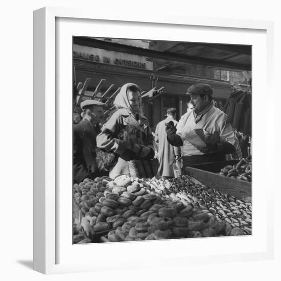 Woman with a Small Terrier Buying Bagels at a Market Stall, Possibly London, C.1945-50-null-Framed Giclee Print