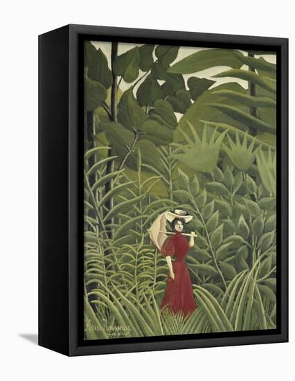 Woman with an Umbrella in an Exotic Forest-Henri Rousseau-Framed Stretched Canvas