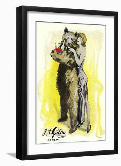 Woman with Bear Carrying Liquor Bottles, Germany-null-Framed Art Print