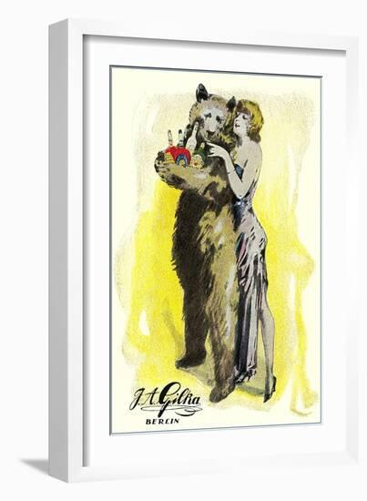 Woman with Bear Carrying Liquor Bottles, Germany-null-Framed Art Print