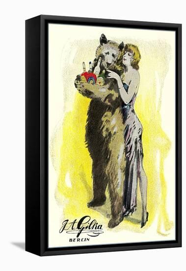 Woman with Bear Carrying Liquor Bottles, Germany-null-Framed Stretched Canvas