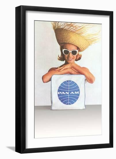 Woman with Big Sunglasses, Straw Hat and Pan Am Bag-null-Framed Art Print