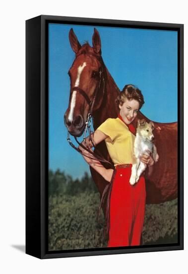 Woman with Collie Puppy and Horse-null-Framed Stretched Canvas