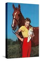 Woman with Collie Puppy and Horse-null-Stretched Canvas