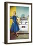 Woman with Electric Stove, Retro-null-Framed Art Print