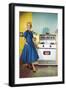 Woman with Electric Stove, Retro-null-Framed Art Print