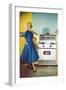 Woman with Electric Stove, Retro-null-Framed Art Print