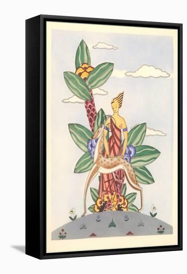 Woman with Gazelle and Surrealistic Plant-null-Framed Stretched Canvas