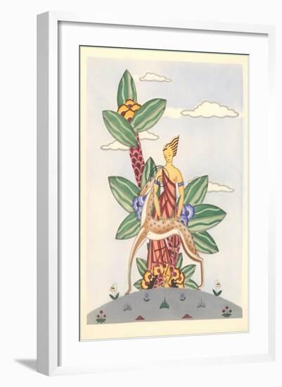 Woman with Gazelle and Surrealistic Plant-null-Framed Art Print