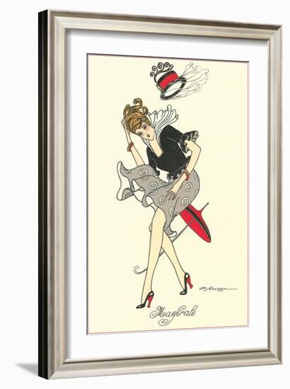 Woman with Hat Blowing Off in Wind-null-Framed Art Print