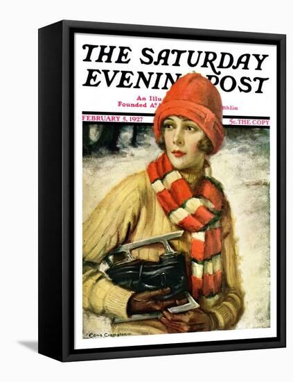 "Woman with Ice Skates," Saturday Evening Post Cover, February 5, 1927-Edna Crompton-Framed Stretched Canvas