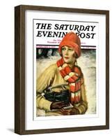 "Woman with Ice Skates," Saturday Evening Post Cover, February 5, 1927-Edna Crompton-Framed Giclee Print