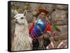 Woman with Llama, Boy, and Parrot, Sacsayhuaman Inca Ruins, Cusco, Peru-Dennis Kirkland-Framed Stretched Canvas