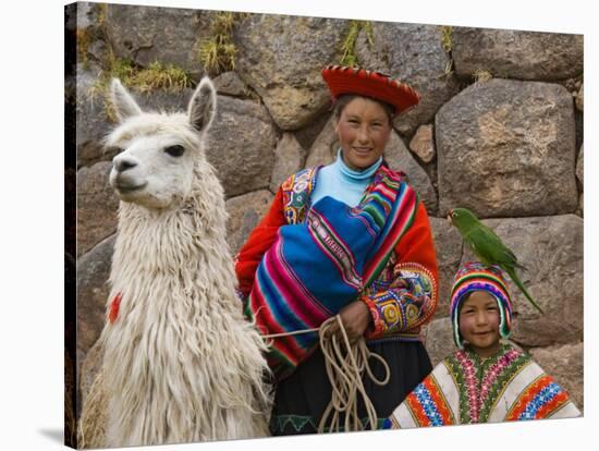 Woman with Llama, Boy, and Parrot, Sacsayhuaman Inca Ruins, Cusco, Peru-Dennis Kirkland-Stretched Canvas