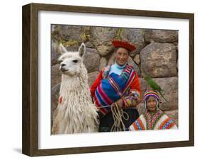 Woman with Llama, Boy, and Parrot, Sacsayhuaman Inca Ruins, Cusco, Peru-Dennis Kirkland-Framed Photographic Print