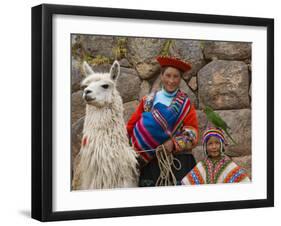 Woman with Llama, Boy, and Parrot, Sacsayhuaman Inca Ruins, Cusco, Peru-Dennis Kirkland-Framed Photographic Print