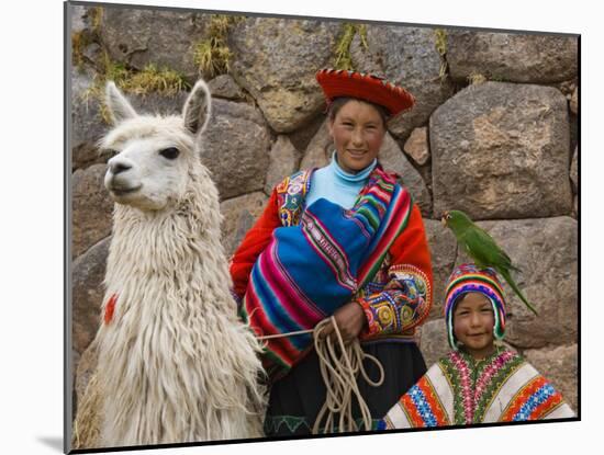 Woman with Llama, Boy, and Parrot, Sacsayhuaman Inca Ruins, Cusco, Peru-Dennis Kirkland-Mounted Photographic Print