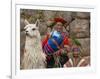 Woman with Llama, Boy, and Parrot, Sacsayhuaman Inca Ruins, Cusco, Peru-Dennis Kirkland-Framed Photographic Print