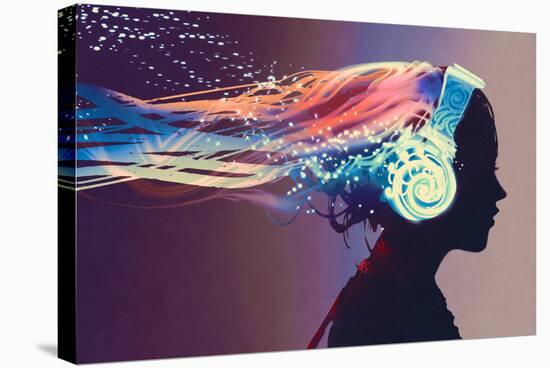 Woman with Magic Glowing Headphones on Dark Background,Illustration Painting-Tithi Luadthong-Stretched Canvas