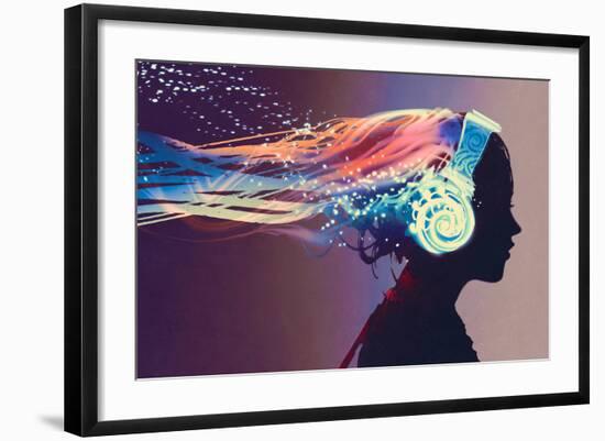 Woman with Magic Glowing Headphones on Dark Background,Illustration Painting-Tithi Luadthong-Framed Art Print