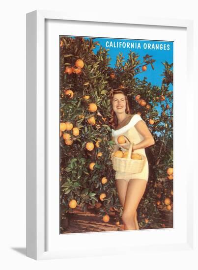 Woman with Oranges in Basket, California-null-Framed Art Print