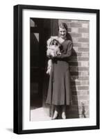 Woman with Pekingese Dog Outside a House-null-Framed Premium Photographic Print