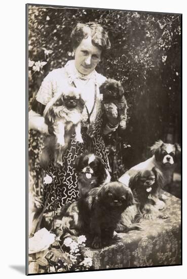 Woman with Pekingese Dogs and Puppies in a Garden-null-Mounted Photographic Print
