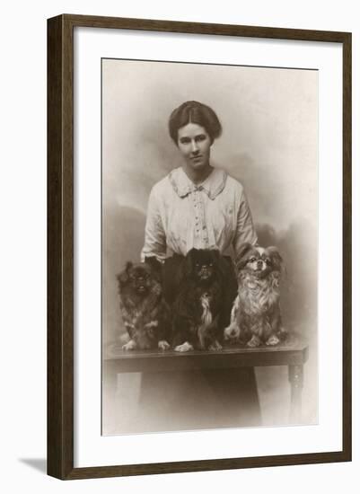 Woman with Pekingese Dogs-null-Framed Photographic Print