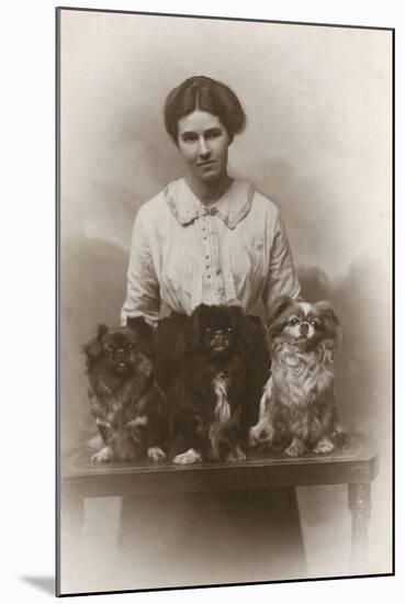 Woman with Pekingese Dogs-null-Mounted Photographic Print