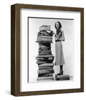 Woman With Pile Of Large Books-null-Framed Art Print