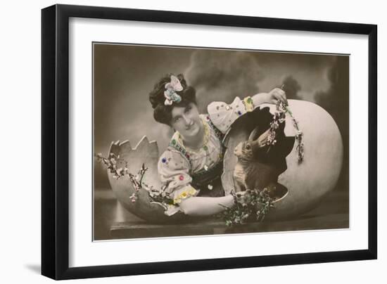 Woman with Rabbit in Eggshell-null-Framed Art Print