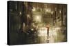 Woman with Red Umbrella Crossing the Street,Rainy Night,Illustration-Tithi Luadthong-Stretched Canvas