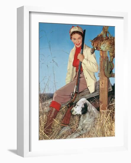 Woman with Rifle, Dog and Pheasant-null-Framed Art Print