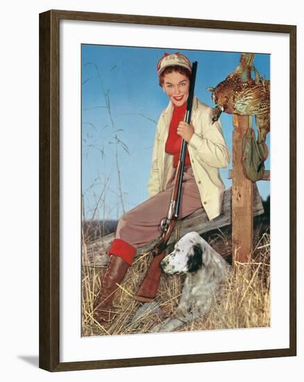 Woman with Rifle, Dog and Pheasant-null-Framed Art Print