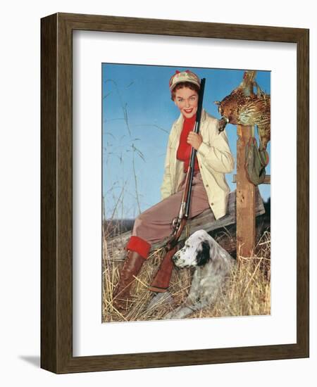 Woman with Rifle, Dog and Pheasant-null-Framed Art Print