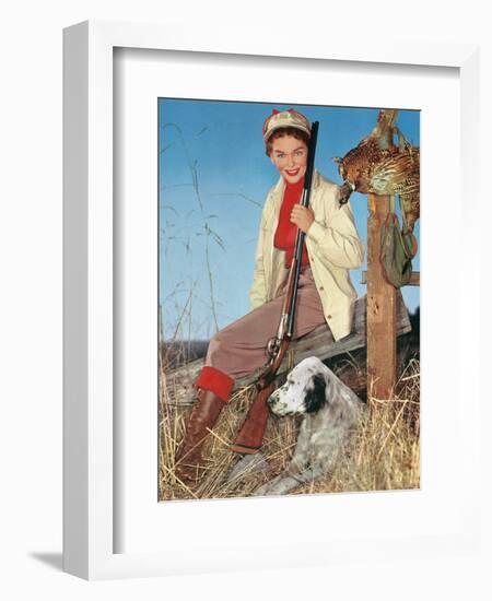 Woman with Rifle, Dog and Pheasant-null-Framed Art Print