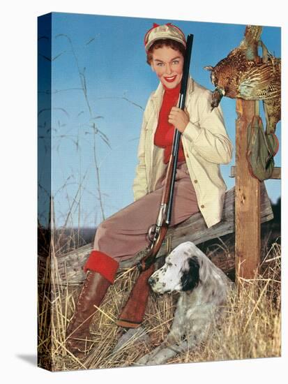 Woman with Rifle, Dog and Pheasant-null-Stretched Canvas