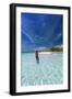 Woman with snorkelling gear on tropical beach, The Maldives, Indian Ocean-Sakis Papadopoulos-Framed Photographic Print