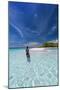 Woman with snorkelling gear on tropical beach, The Maldives, Indian Ocean-Sakis Papadopoulos-Mounted Photographic Print