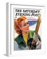 "Woman with Snow Skis," Saturday Evening Post Cover, March 2, 1935-Bradshaw Crandall-Framed Giclee Print