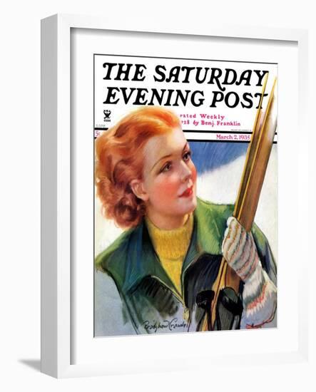 "Woman with Snow Skis," Saturday Evening Post Cover, March 2, 1935-Bradshaw Crandall-Framed Giclee Print