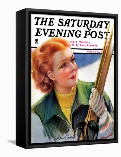 "Woman with Snow Skis," Saturday Evening Post Cover, March 2, 1935-Bradshaw Crandall-Framed Stretched Canvas