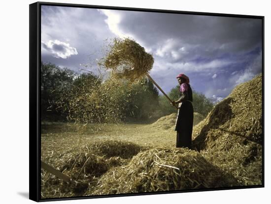 Woman with Straw, Tibet-Michael Brown-Framed Stretched Canvas