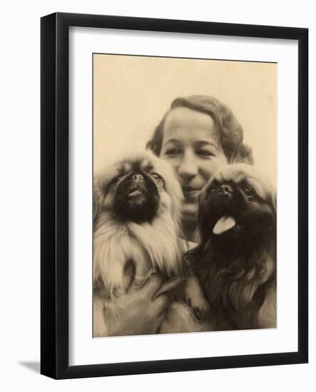 Woman with Two Pekingese Dogs-null-Framed Premium Photographic Print