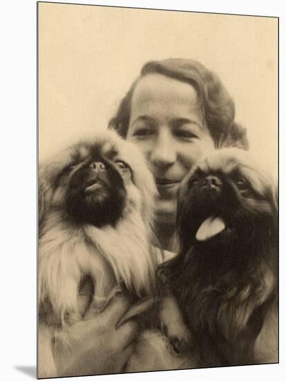 Woman with Two Pekingese Dogs-null-Mounted Photographic Print