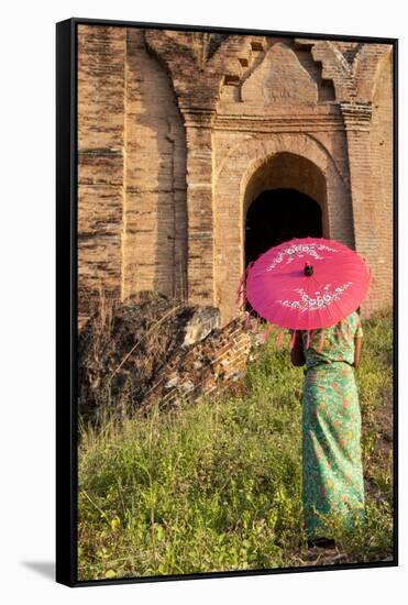 Woman with Umbrella. Myanmar Taj Mahal. Mandalay. Myanmar-Tom Norring-Framed Stretched Canvas