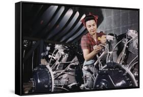 Woman Working on Aircraft Engines-null-Framed Stretched Canvas